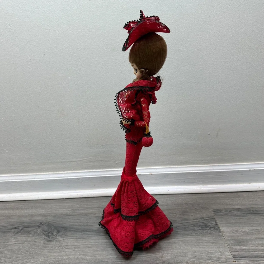 Vintage 1970s Korean Bradley Big Eye Boudoir Doll Red Lace Dress Musical